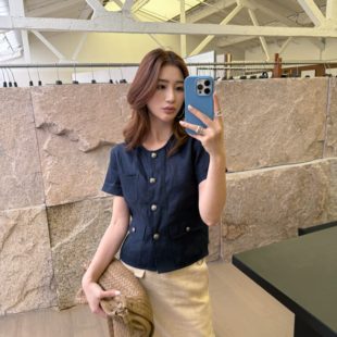 OH266S1996 ON一起亚麻小香感圆领短上衣小衫