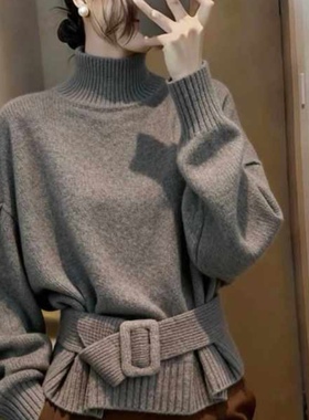 一起家设计感高领绑带收腰慵懒风针织保暖毛衣(配腰带)起60987s