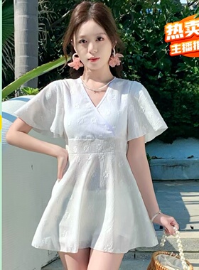 纯白色泳衣女裙式分体遮肚显瘦保守海边度假仙女温泉大码时尚平角