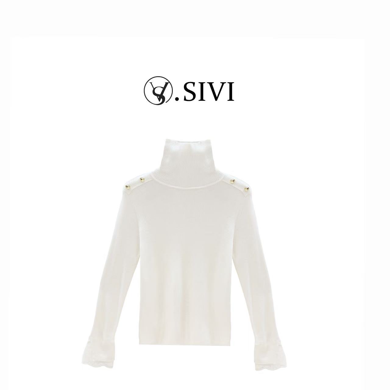 熙薇【金扣织柔】2025冬季新款显瘦拼蕾丝袖立领羊毛衫H6342