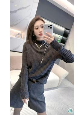 熙薇【魅力磁场】2025冬季新款时尚休闲袖口拼钩花羊毛衫H6596