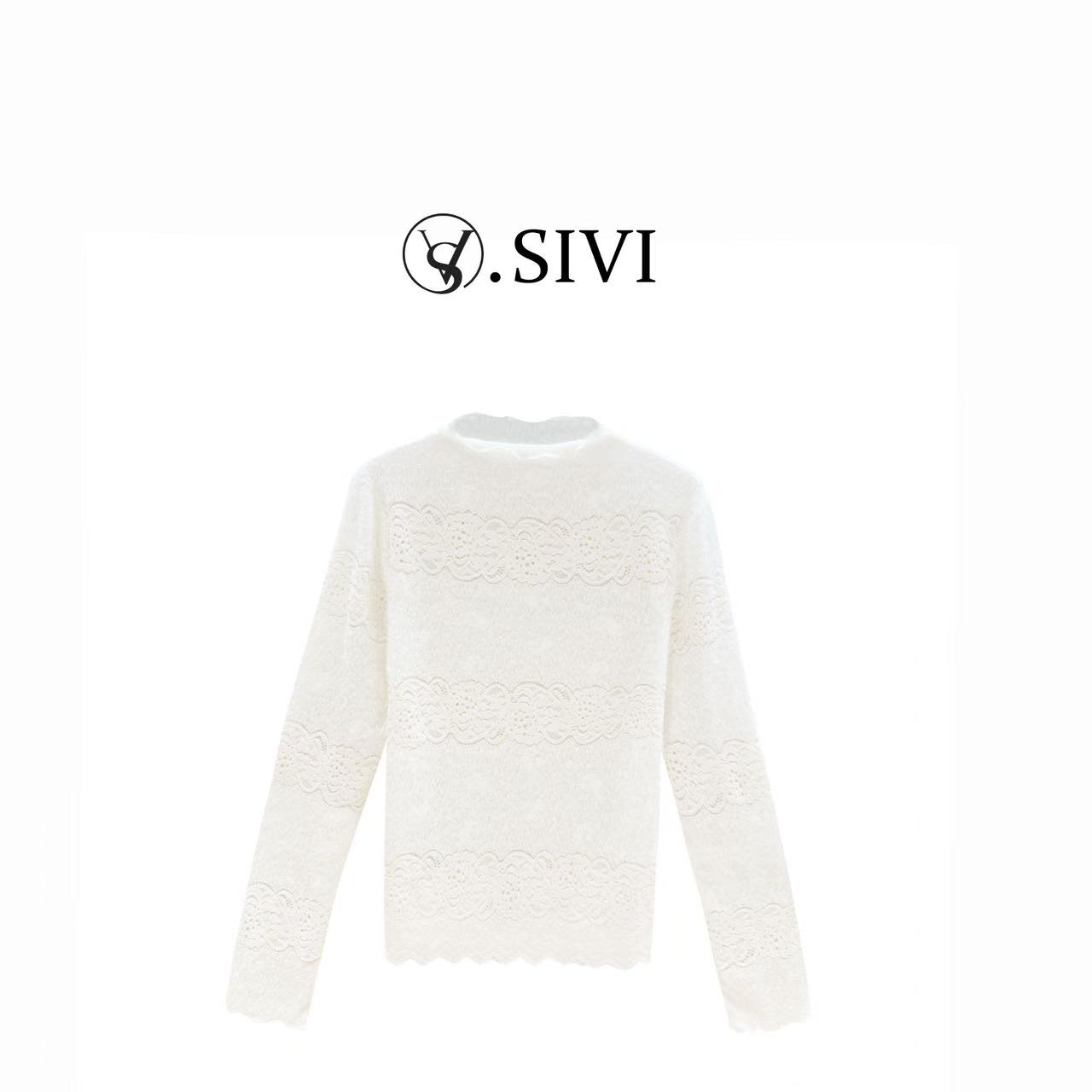 熙薇【水佩风裳】2025秋新款蕾丝勾花半高领百搭打底上衣H5765