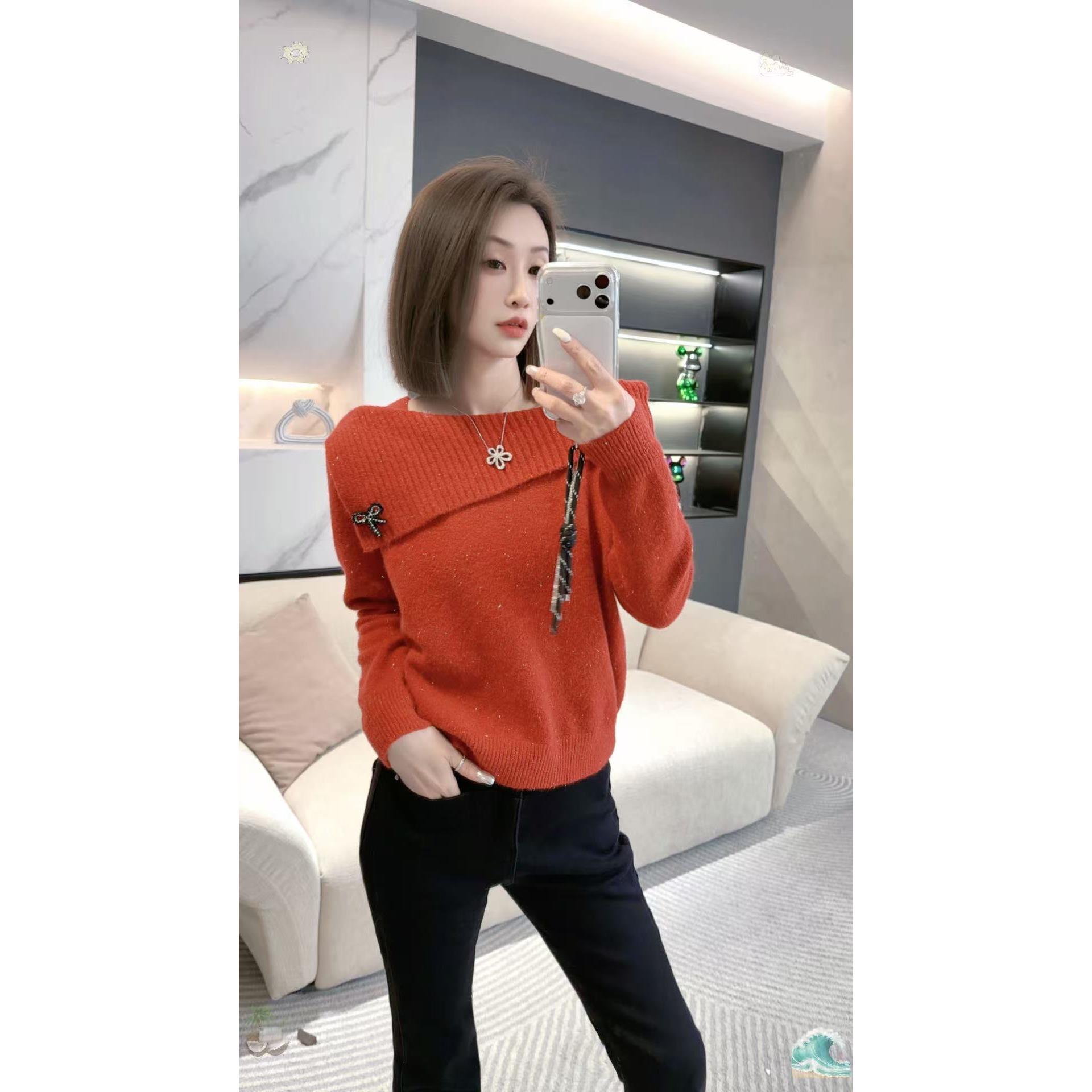 熙薇【斜暖有度】2025冬季新款设计师露肩针织衫毛衣H6789