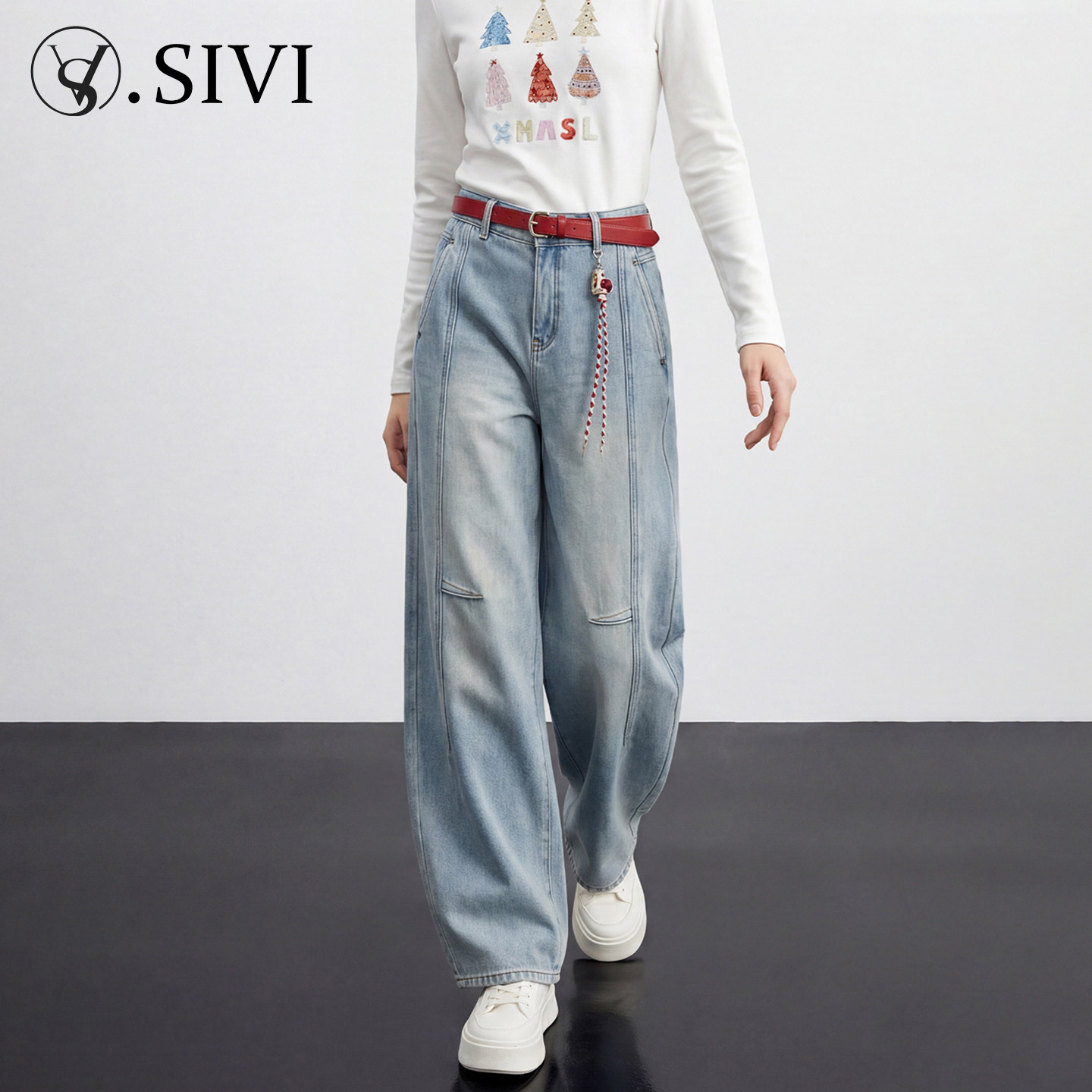 熙薇【牛仔诗迹】2025冬季新款设计师高腰阔腿牛仔裤H6797