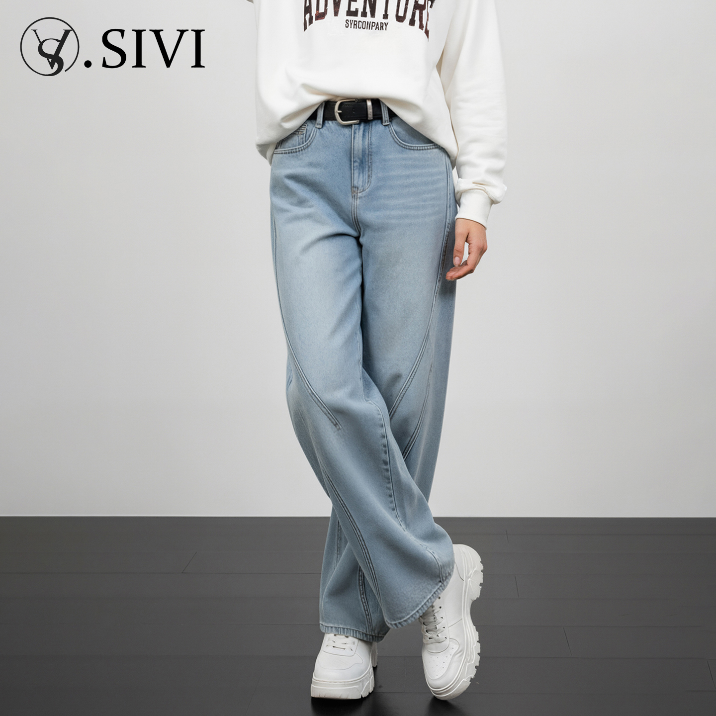 熙薇SIVI加绒牛仔裤女印花米奇加厚阔腿浅色水洗显瘦裤子h6374