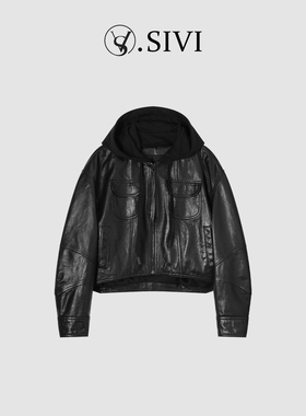 熙薇【工革先锋】2026新款时尚假两件连帽皮衣休闲短款外套M2045