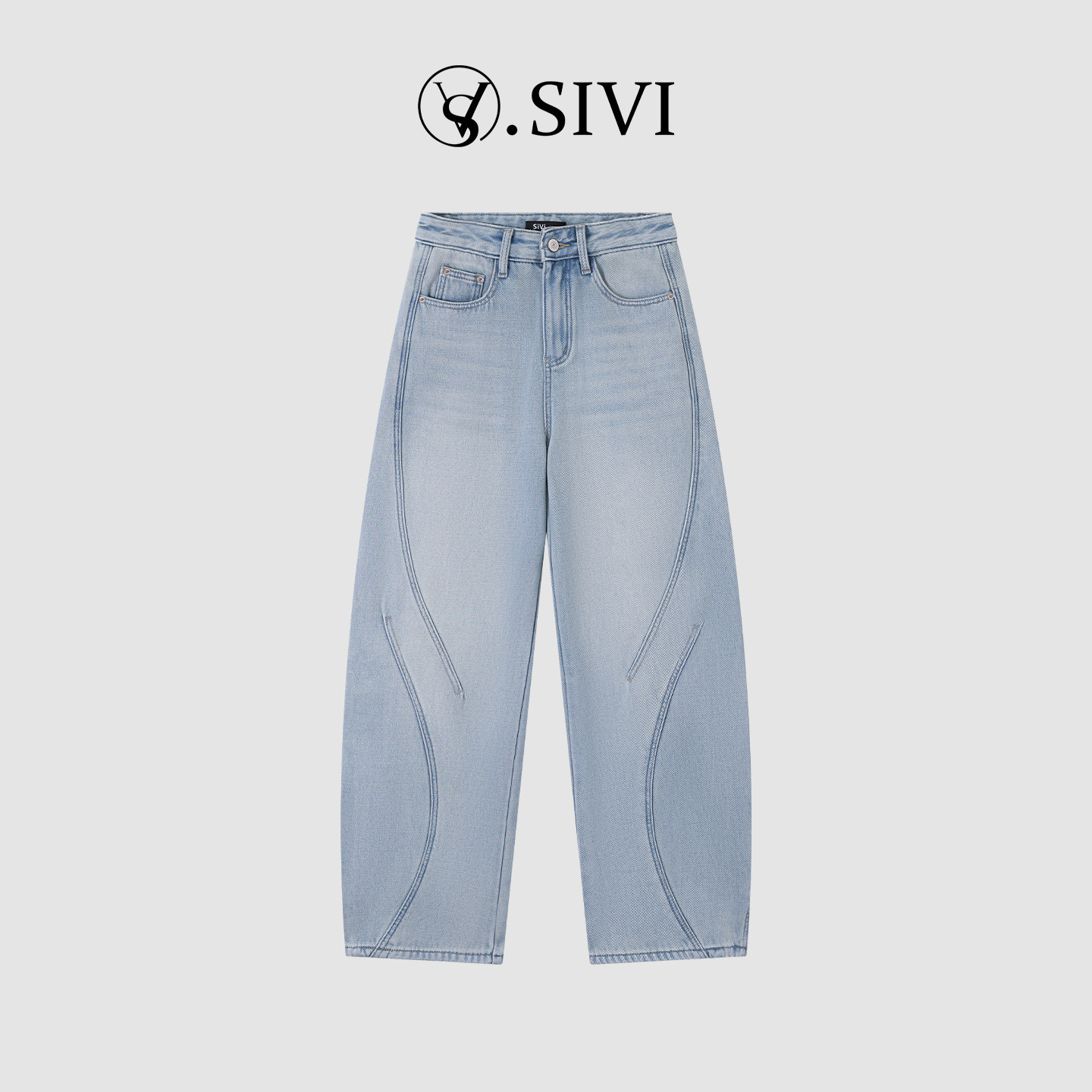 熙薇SIVI牛仔直筒裤女印花米奇加绒加厚浅色水洗垂感显瘦休闲裤
