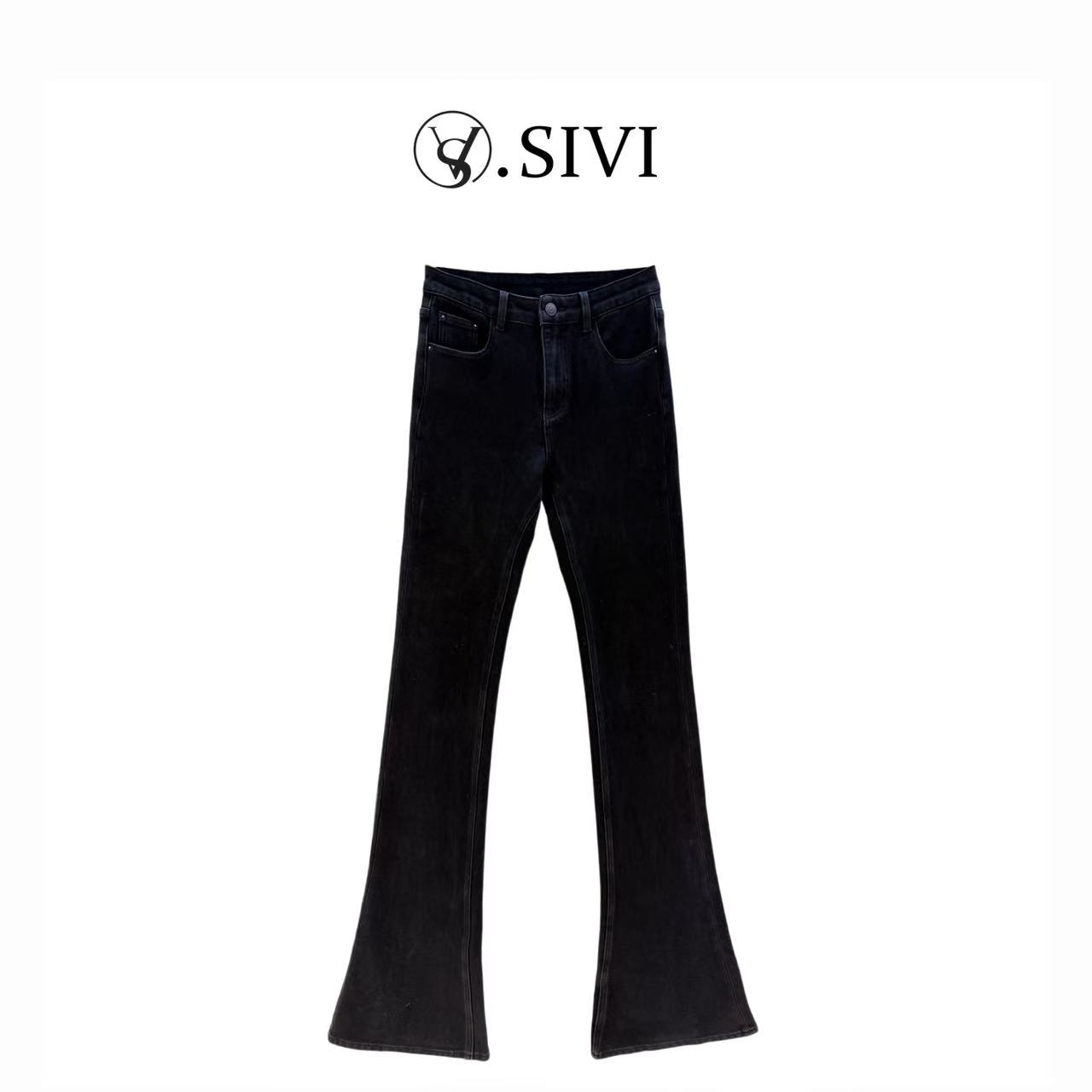 熙薇SIVI黑色喇叭裤女冬季新款加绒显瘦修身高腰加绒休闲牛仔裤