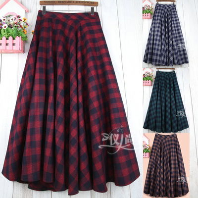 格子大摆长裙显瘦毛呢半身裙大码