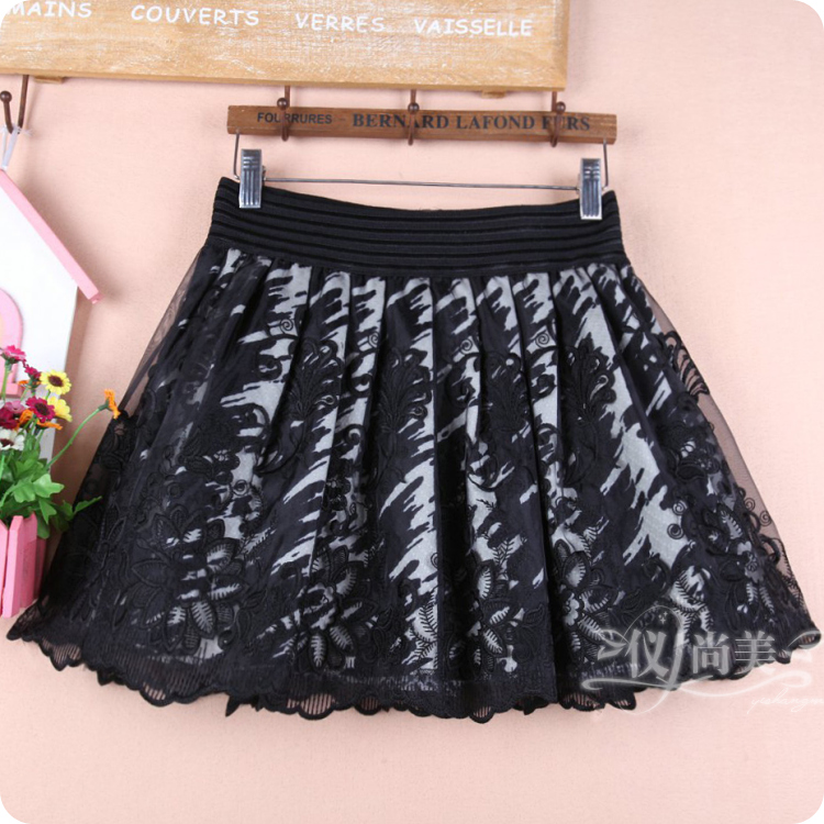 秋冬新款蕾丝短裙a字裙欧根纱半身裙子蓬蓬高腰打底印花纱裙女裙