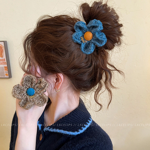 毛线花朵金标发圈女甜美扎头发绳高级感洋气时尚 皮筋头绳百搭发饰