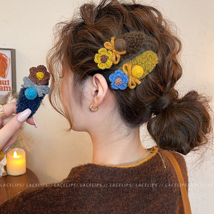 毛线花朵蝴蝶结发夹女毛绒侧边夹2025新款 高端发卡甜美刘海夹头饰