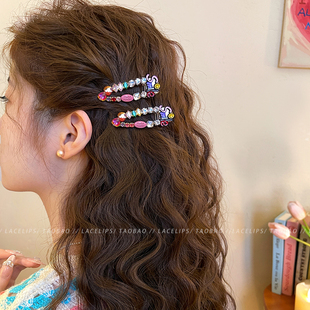 韩系彩钻笑脸字母发夹女2026新款 高端侧边夹碎发刘海夹鸭嘴夹发饰
