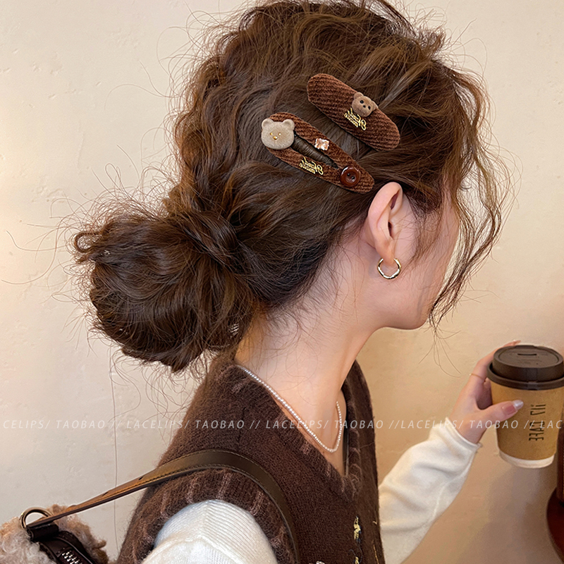 棕色植绒小熊发夹女2025新款