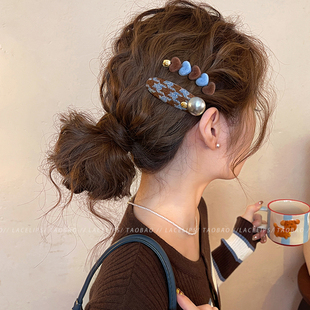 爱心撞色格纹发夹女侧边夹前额发卡碎发刘海夹子2026新款高端头饰