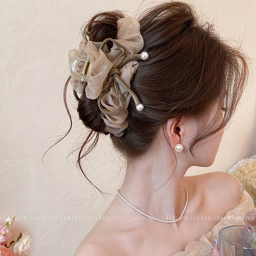 蝴蝶结网纱褶皱抓夹女高级感