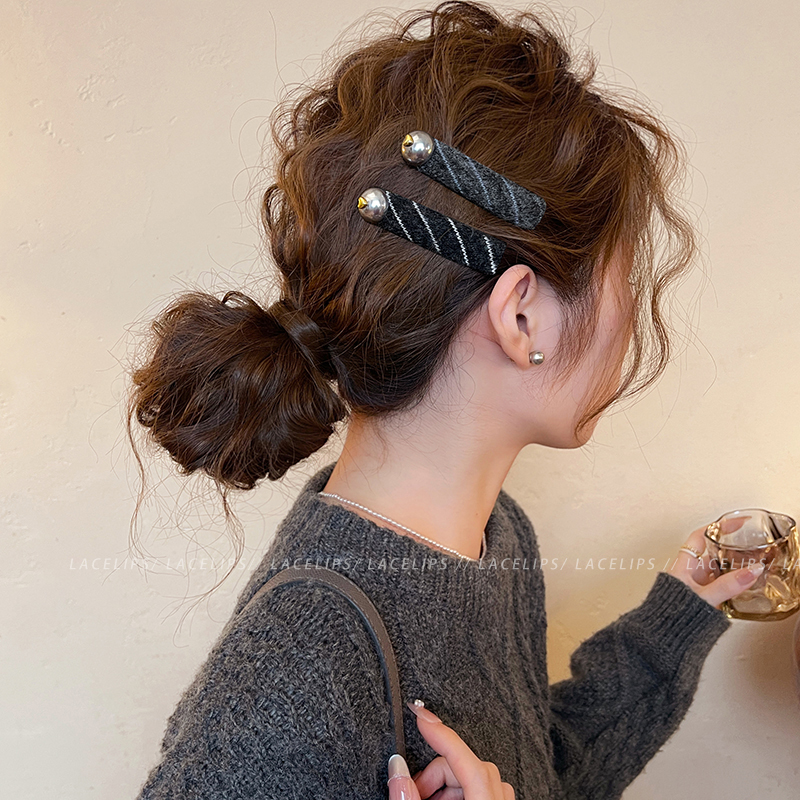 气质条纹珍珠毛呢发夹女2025新款