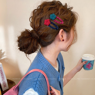 毛线花朵撞色bb夹发夹女边夹前额刘海夹子2025新款 高端头饰发卡秋