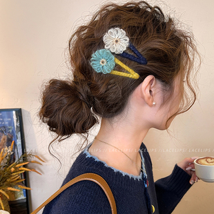 秋冬温柔毛线花朵发夹女2025新款 高端侧边夹刘海夹子头饰前额发卡