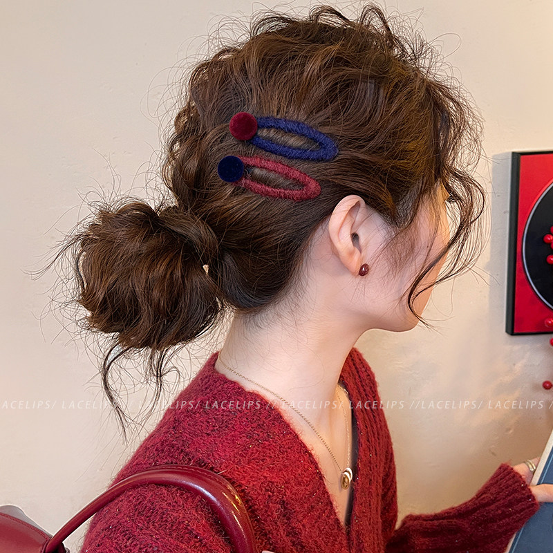 彩色丝绒球球毛线发夹女侧边夹刘海夹子头饰2026新款高端前额发卡