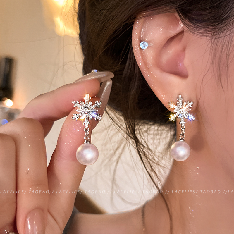 冬日恋歌~圣诞雪花锆石珍珠耳环