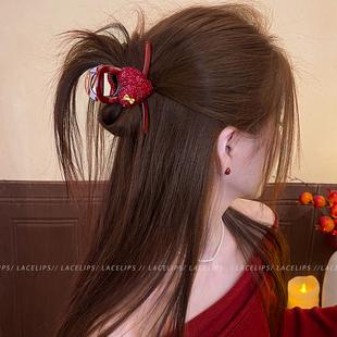 新年红蝴蝶结爱心抓夹女后脑勺鲨鱼夹子独特漂亮高级感发夹发饰