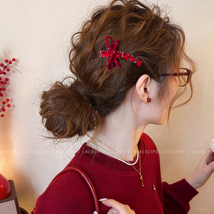 红色闪钻蝴蝶结发夹女前额刘海夹头饰2025新款高端新年侧边夹发卡