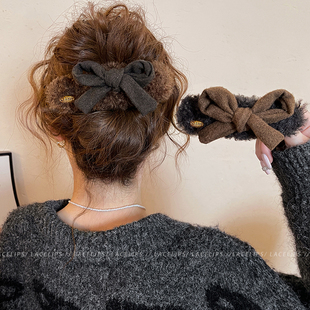 大号鸭嘴夹发夹女蝴蝶结毛绒发卡2026新款后脑勺一字抓夹气质头饰
