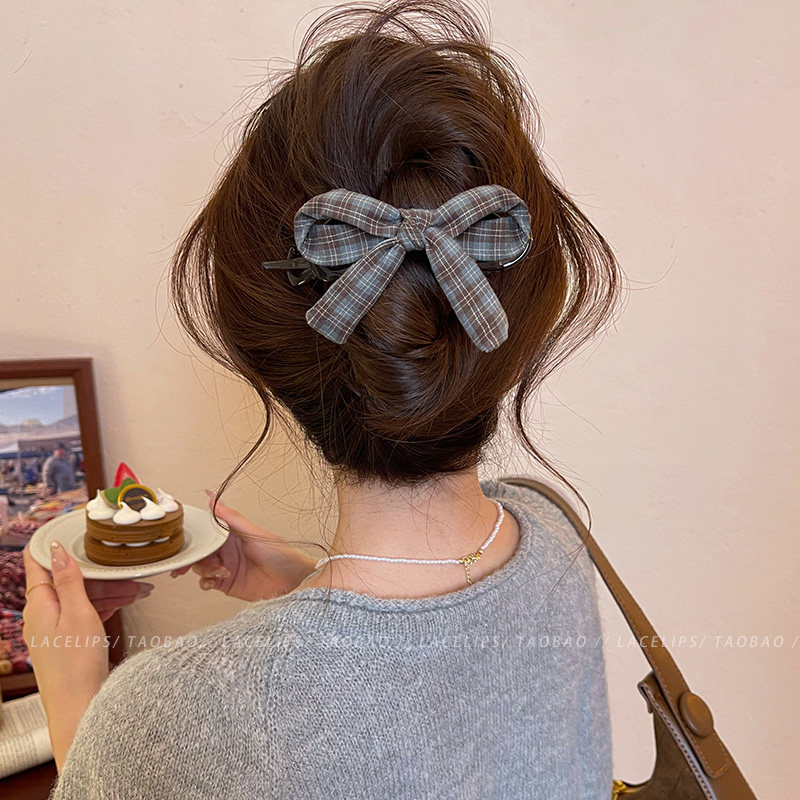 韩系格纹蝴蝶结扭扭夹女高级感