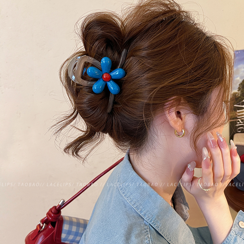 韩系蓝色花朵抓夹女高级感