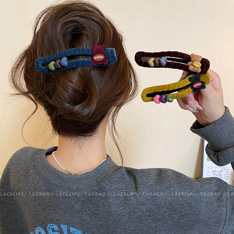 爱心丝绒小熊鸭嘴夹发夹女