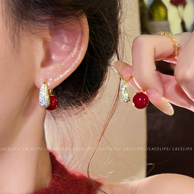 红色珠珠闪钻水滴耳环女2026新款