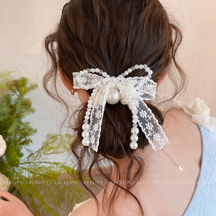 蕾丝珍珠蝴蝶结发圈女甜美超仙扎丸子头发绳高级感头绳巨好看发饰