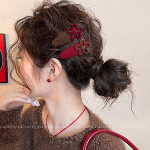 立体丝绒花朵毛呢发夹女前额碎发刘海夹子边夹侧边发卡新款头饰冬