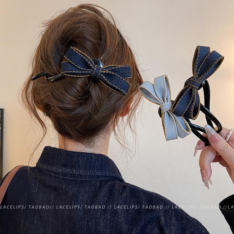 牛仔布艺~蝴蝶结扭扭夹女一字夹