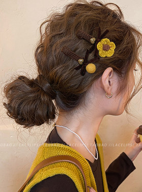花朵毛球蝴蝶结发夹女