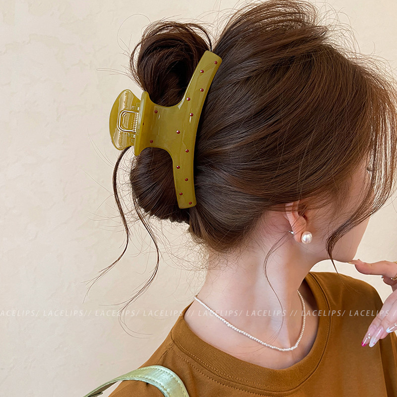 弧形抓夹女黄色波点大号鲨鱼夹高级感发量大盘发夹子2026新款头饰