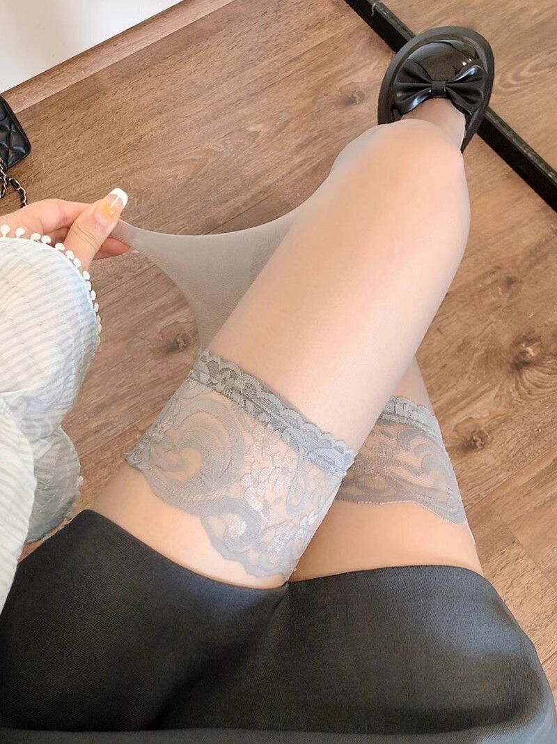 蕾丝长筒袜灰色丝袜女薄款性感防滑硅胶过膝大腿根透明绫感黑丝jk