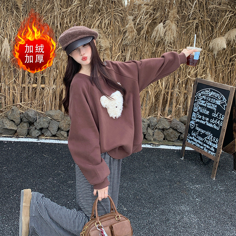 加绒冬季大码女装两件套 大码女装圆领卫衣宽松显瘦韩版印花卫衣