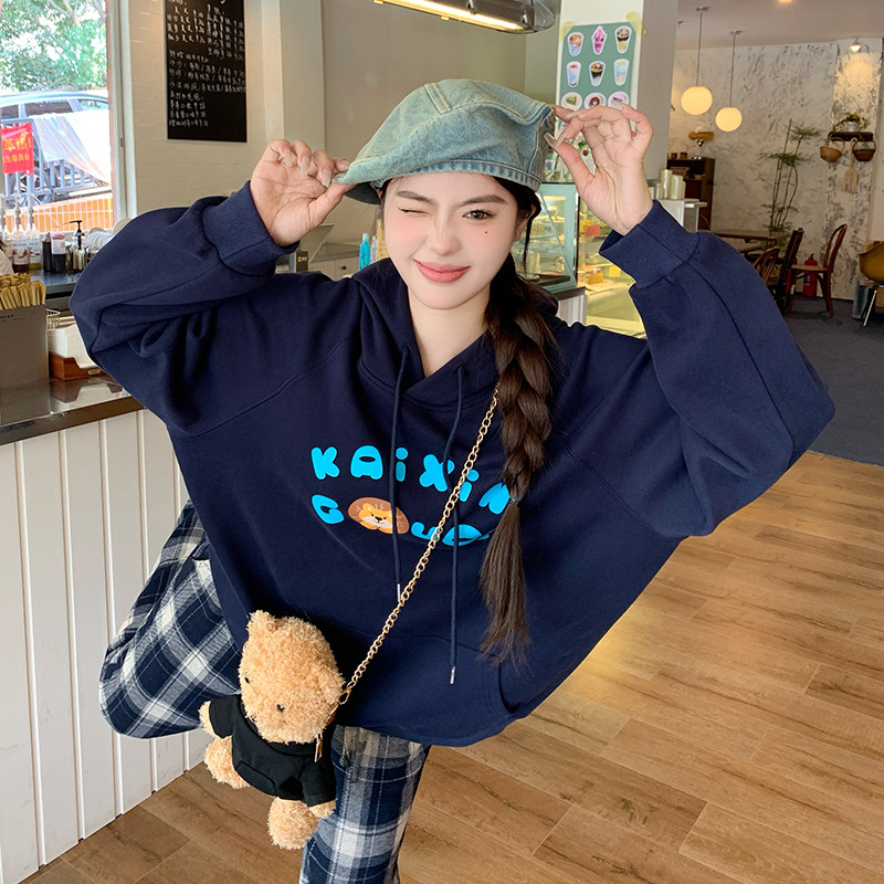 胖晶晶大码女装卫衣秋冬虎头可爱印花宽松型连帽卫衣 加绒加厚