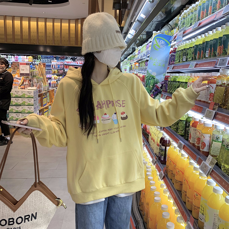 胖晶晶大码女装卫衣秋冬可爱甜品印花宽松型连帽卫衣 加绒加厚