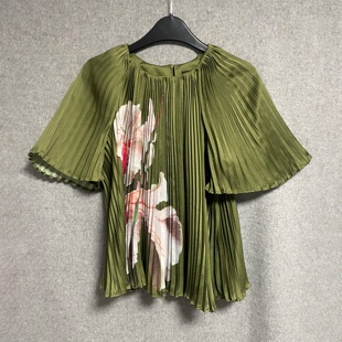 夏季 衬衫 新款 女式 上衣 休闲百搭简约气质印花褶皱短袖 欧美时尚