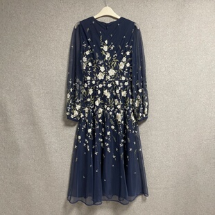 收腰优雅中长款 欧美时尚 精美花卉重工刺绣长袖 新款 女连衣裙 春夏季