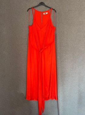 欧美时尚夏季新款多巴胺风橙色系带不规则垂坠显瘦长裙吊带连衣裙