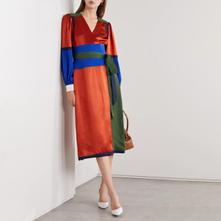 撞色真丝裹胸v领收腰长袖 春夏季 连衣裙气质 新品 欧美时尚