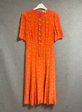 欧美时尚春夏新款橘红色碎花蝴蝶结纯真丝茶歇裙女连衣裙