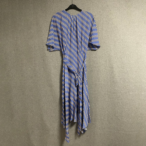 夏季文艺蓝条纹桑蚕丝收腰连衣裙
