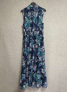 欧美时尚夏季新款休闲度假风立领长裙修身气质无袖蓝色碎花连衣裙