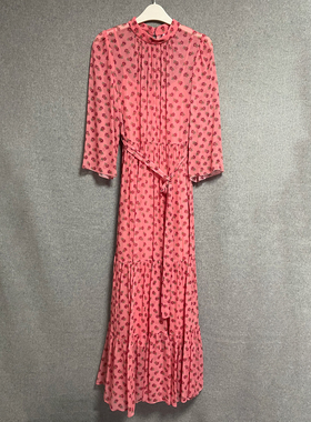 欧美时尚夏季法式浪漫风粉色小碎花中袖立领收腰长裙显瘦连衣裙女