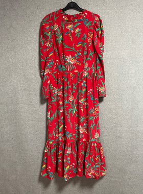 欧美时尚春秋季文艺风红色桑蚕丝长袖气质法式中长款印花连衣裙